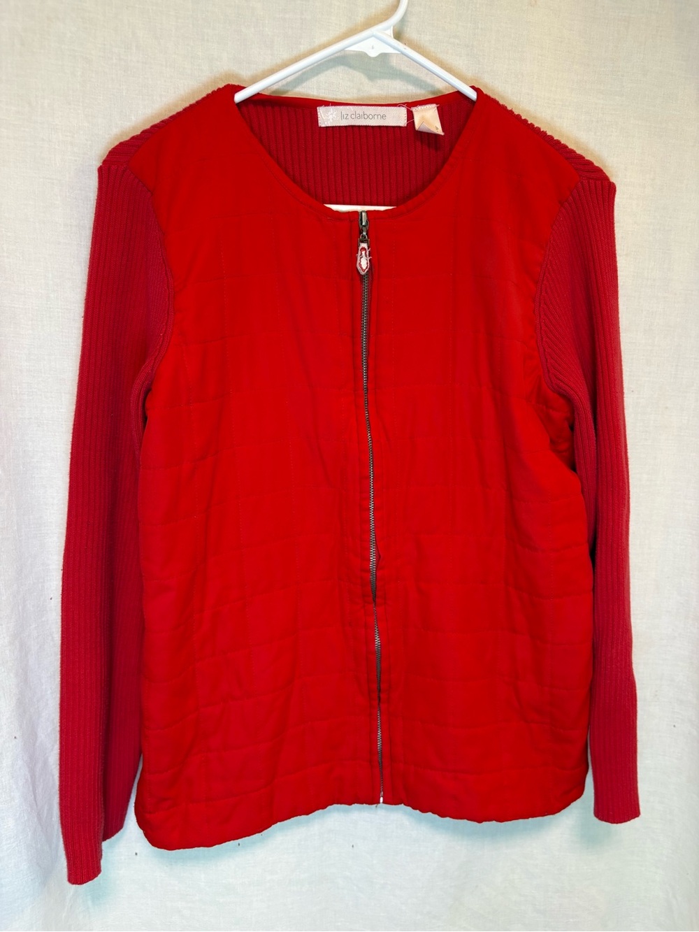 Liz Claiborne Red Full Zip Sweater Jacket Womens Large Quilted Front Panel
